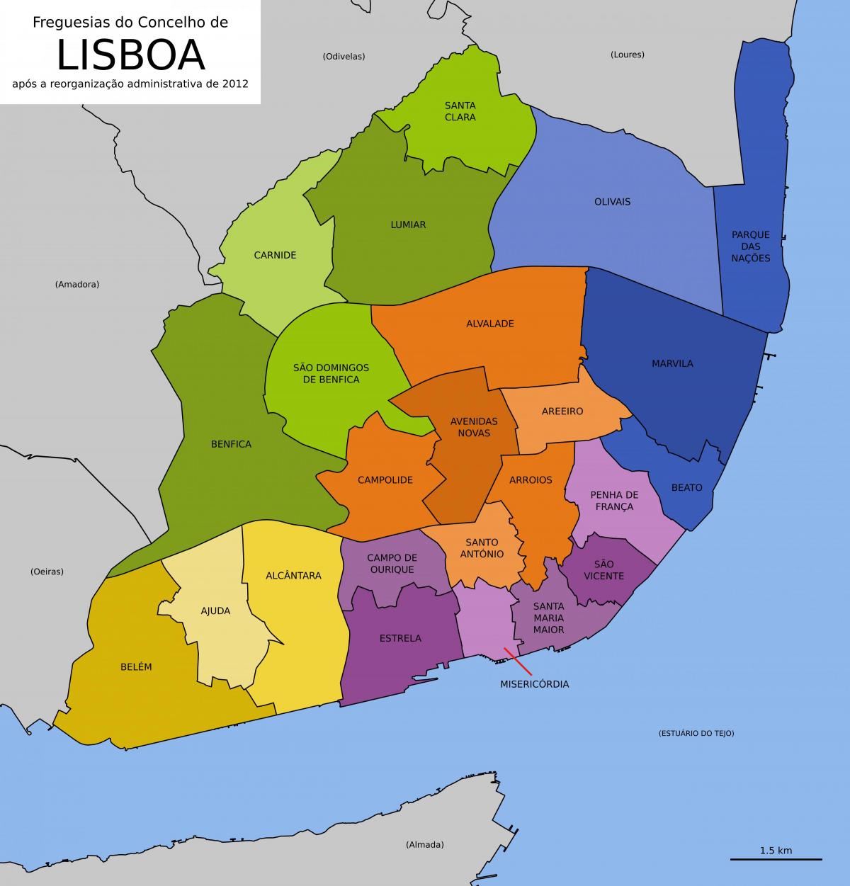 Karte von Lissabon zeigen Bezirke